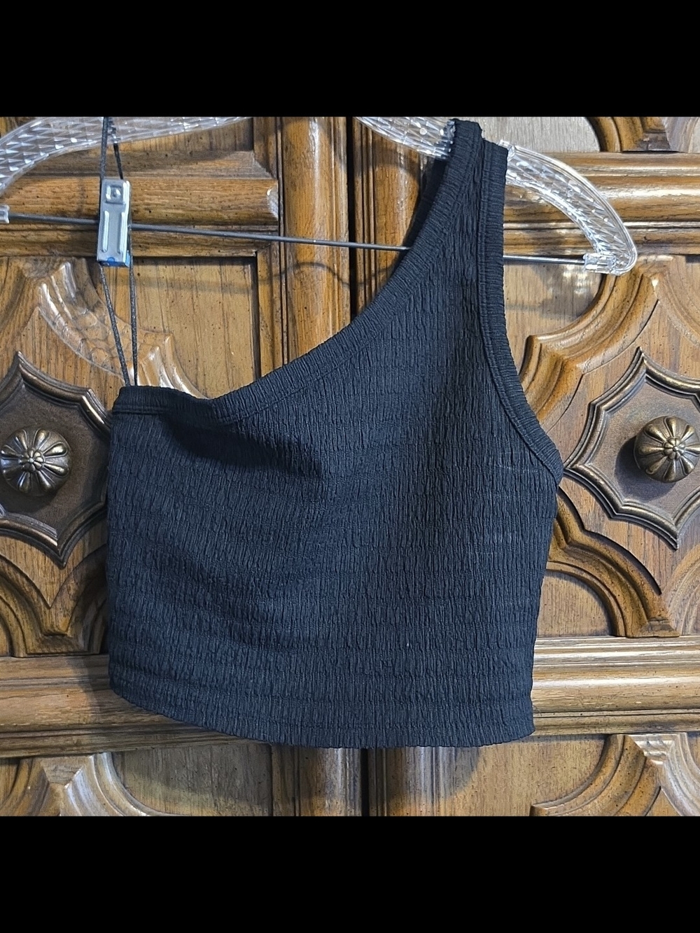 American Eagle Outfitters Black One-Shoulder Smocked Crop Top